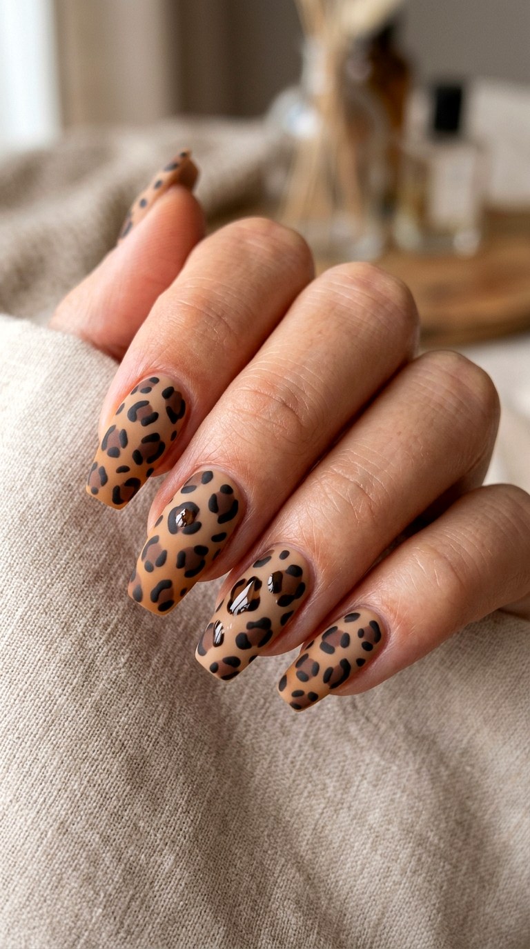 Matte Cheetah Statement Nails - 20 Modern cheetah print nail design ideas