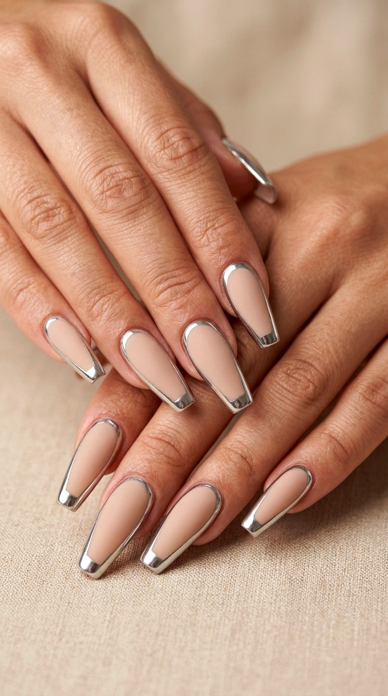 Matte Nude Chrome Frames - 20 luxury Chrome outline nail ideas