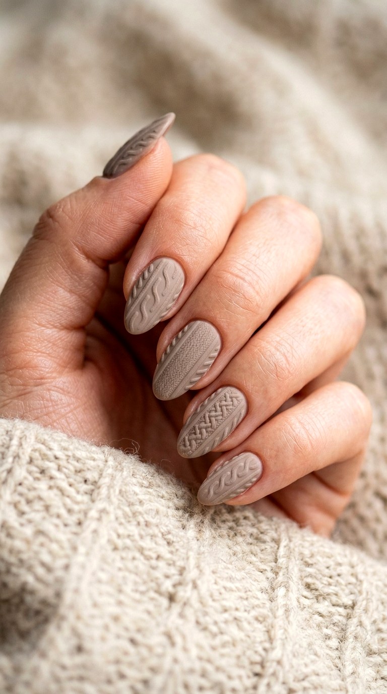 Matte Taupe Sweater Pattern Nails - 24 winter sweater nails nail art design ideas