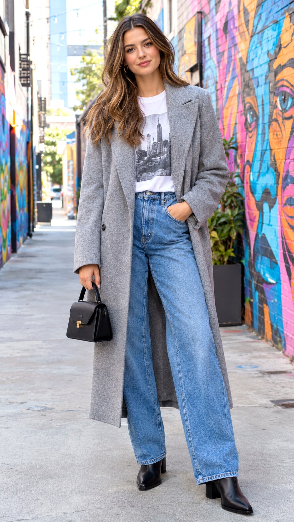 Maxi Coat Over Graphic Tee Denim - 20 casual fall outfit look ideas