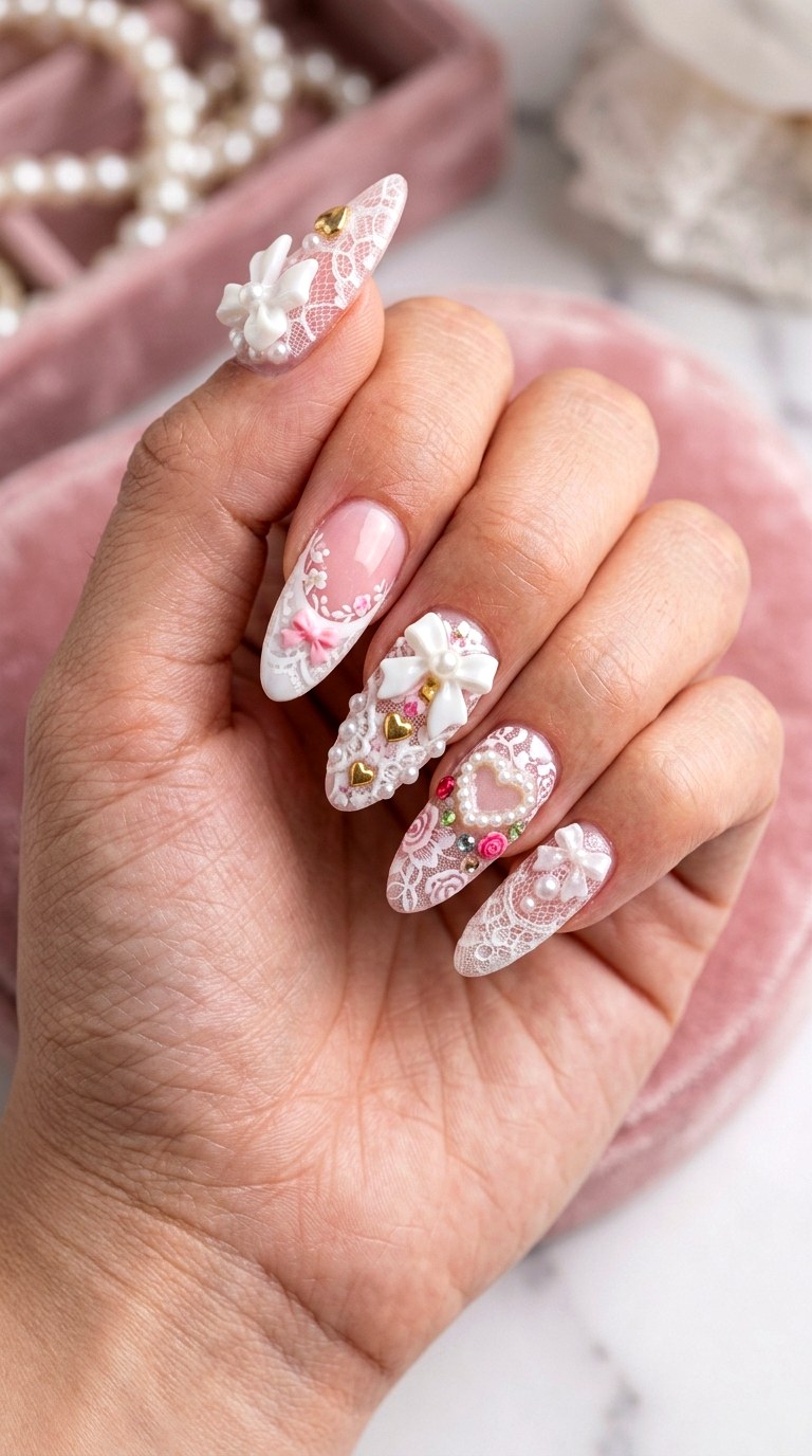 Maximalist Coquette Lace Nails - 21 coquelte lace nail ideas
