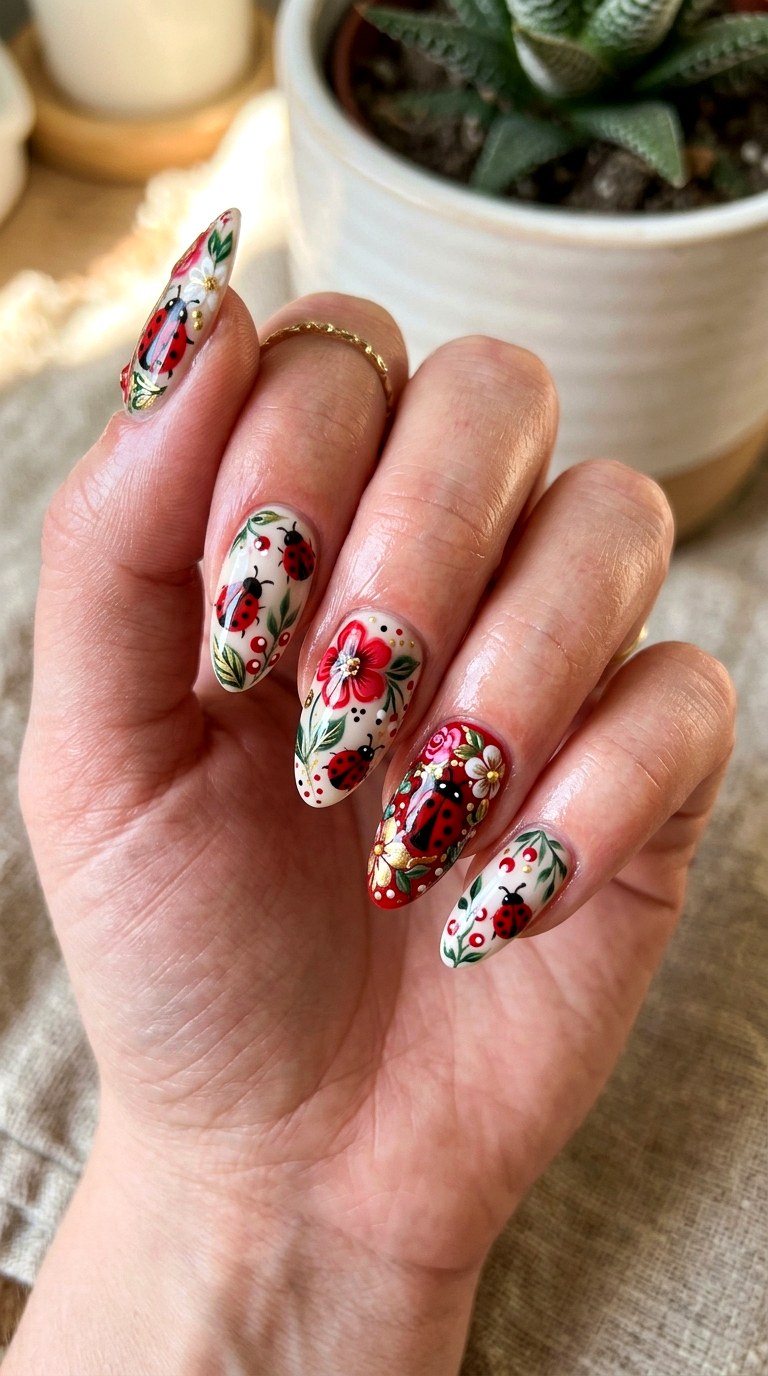 Maximalist Ladybug no garden Nails - 22 Trendy ladybug nail ideas