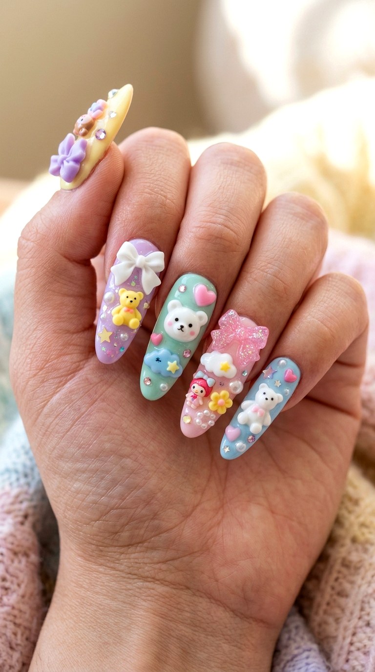 Maximalist Pastel Kawaii Mix - 20 Handmade pastel kawaii nail design ideas