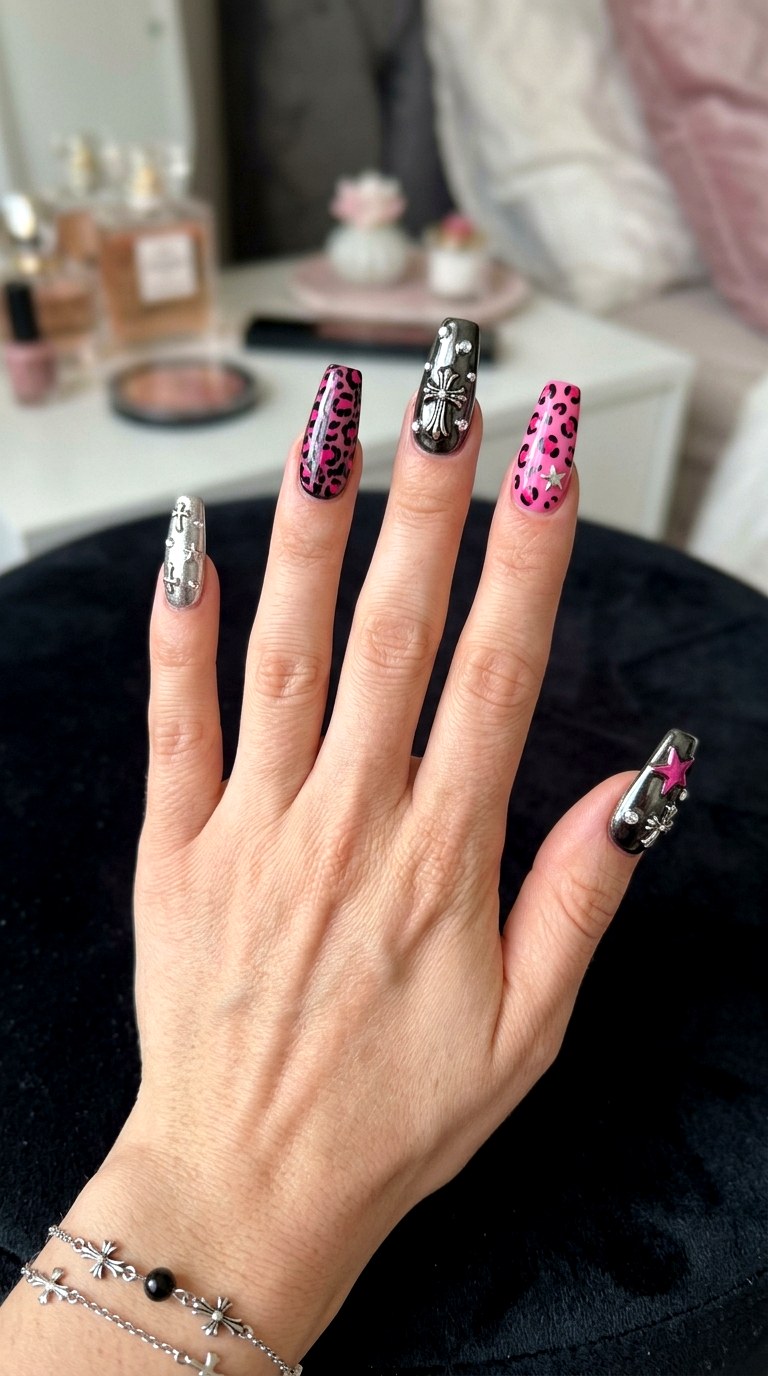 McBling Leopard Mixed Set - 20 Mcbling Gothic leopard Y2K nail ideas