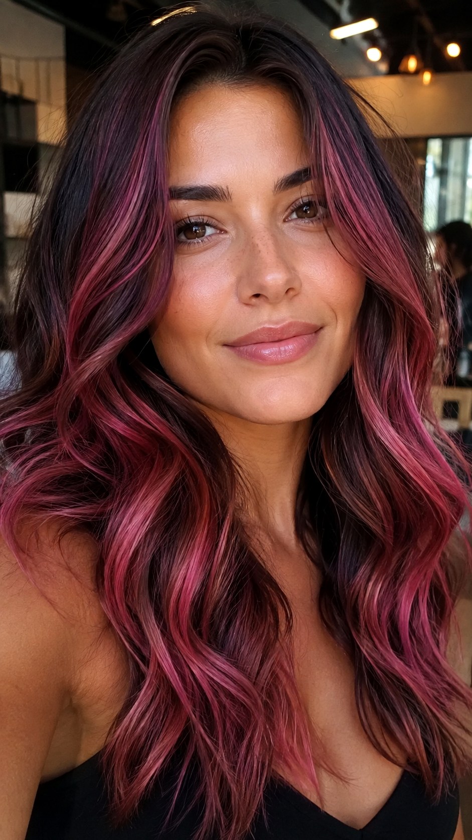 Melted Hot Pink Balayage on Brunette - 25 hot pink hair color highlights ideas