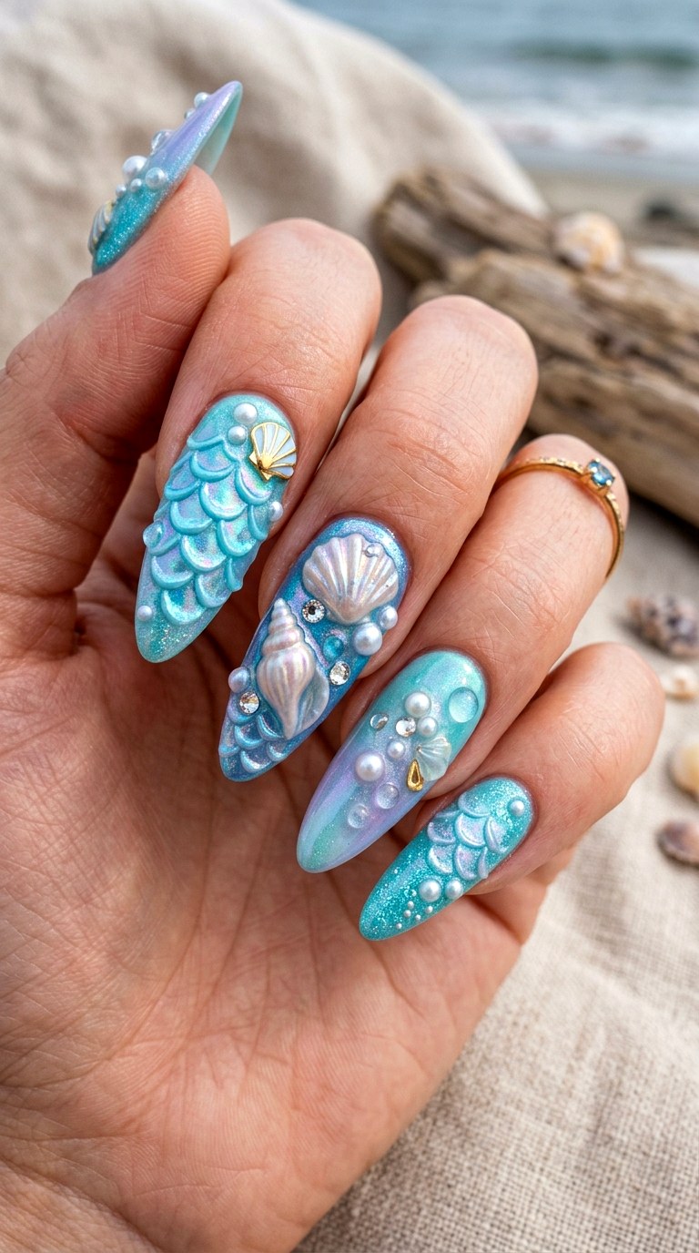 Mermaid D Ocean Fantasy Nails - 20 3D Ocean nails idea