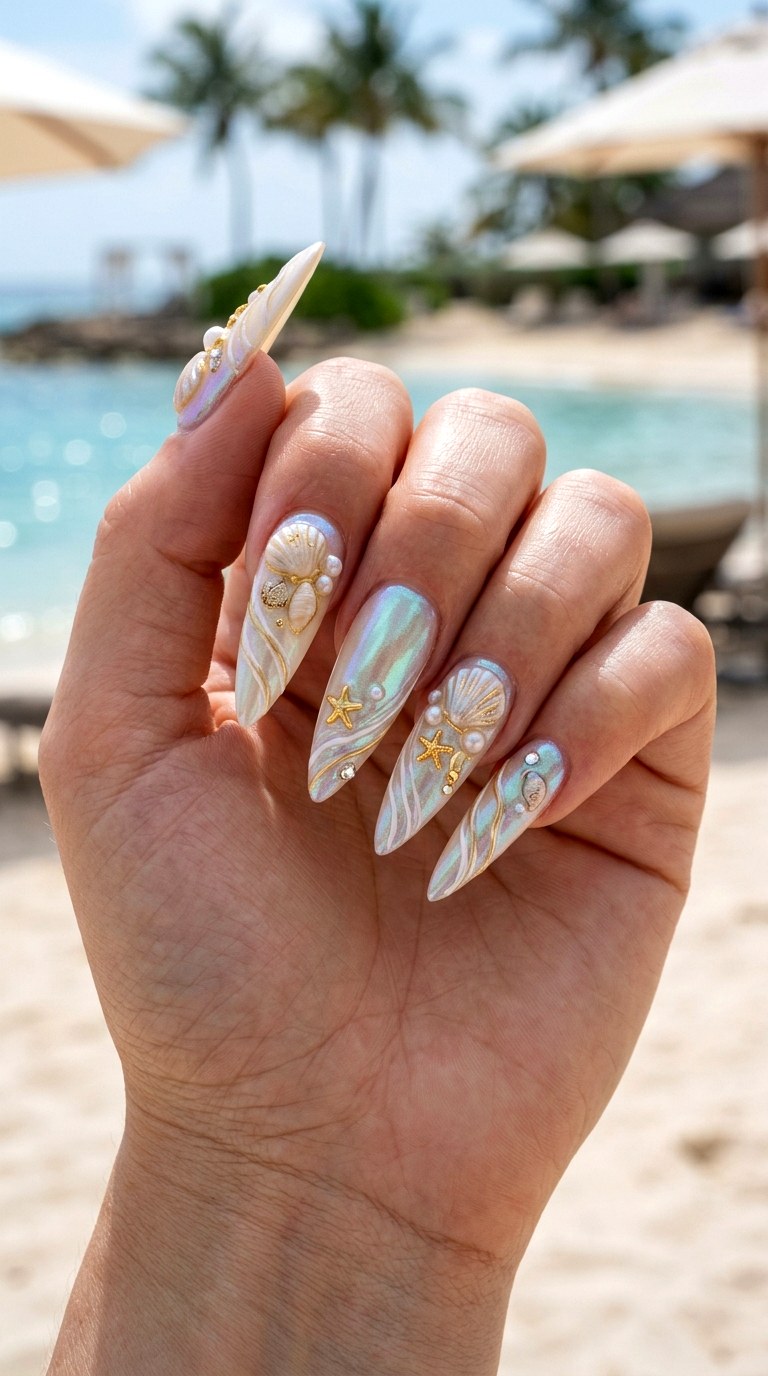 Mermaid Pearl Chrome Stiletto Nails - 23 Iridescent Pearl and gold starfish shell nail shimmer design ideas