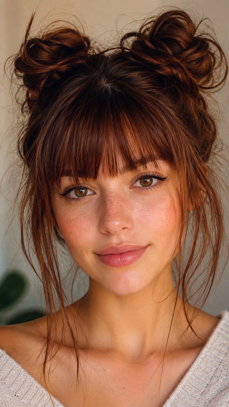 Messy Space Buns with Bangs - 22 space bun hairstyle ideas