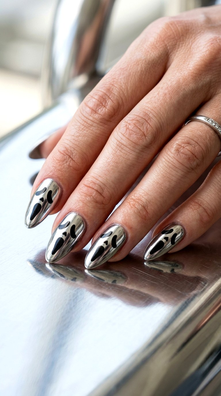 Metallic Chrome Ghost Face Nails - 22 ghost face nail ideas