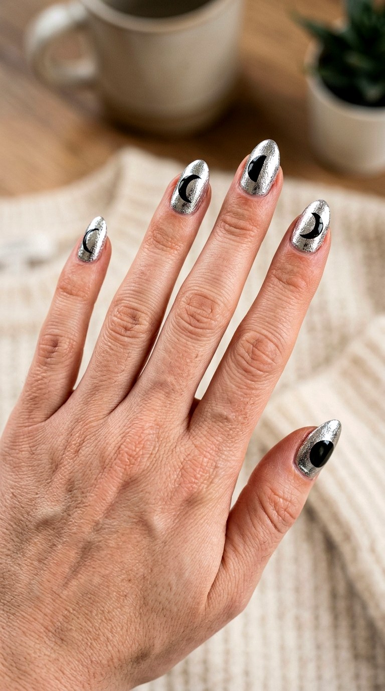 Metallic Moon Phase Nails - 23 simple halloween nail design ideas