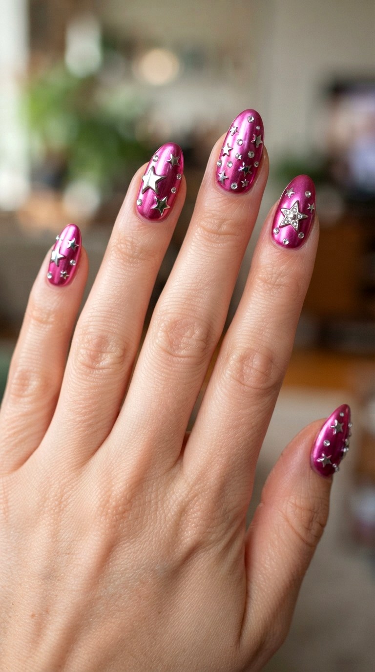 Metallic Pink Star Nails - 22 retro Y2K almond nail ideas