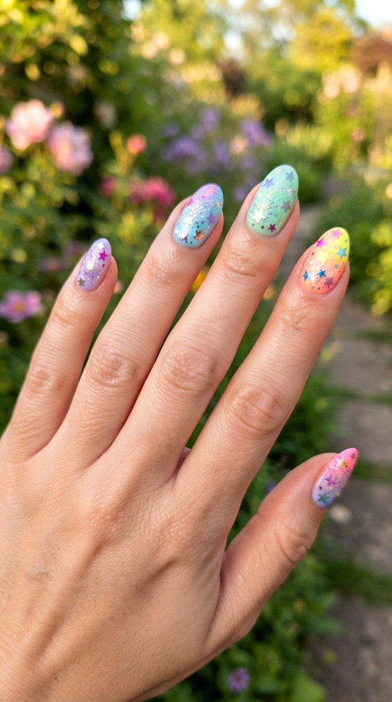 Metallic Rainbow Star Nails - 25 brigh spring funky nail ideas