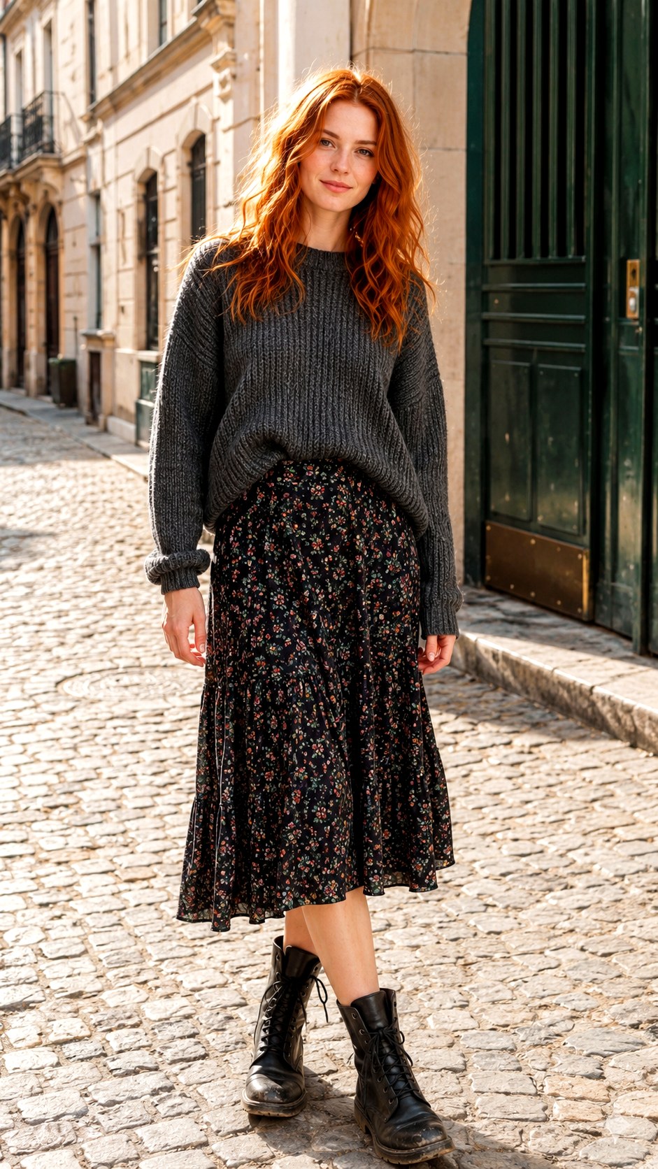 Midi Skirt and Slouchy Knit Sweater - 23 Soft Grunge Outfits Ideas
