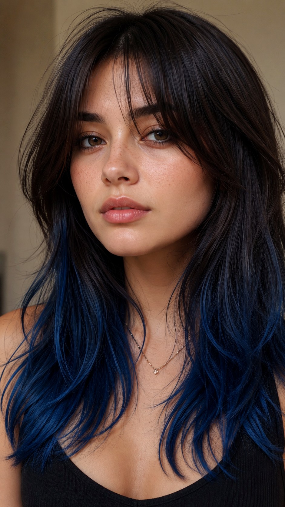 Midnight Blue Layered Ends - 25 Long Layers with Curtain Bangs Ideas