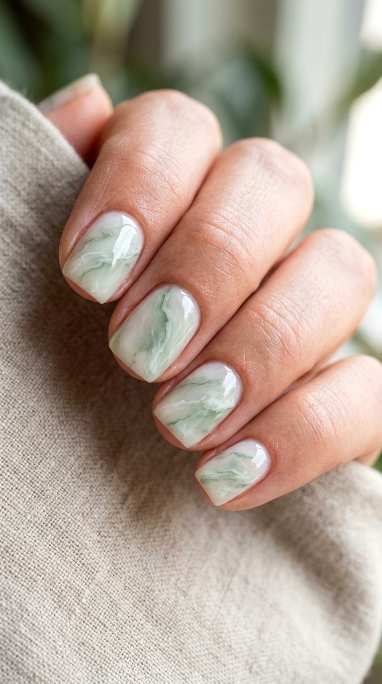 Milky Green Marble Nails - 23 rendering green stone Nail ideas