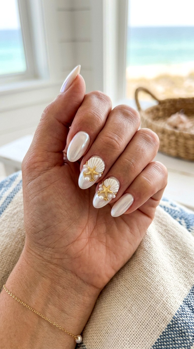 Milky Pearl Shell Accent Nails - 23 Iridescent Pearl and gold starfish shell nail shimmer design ideas