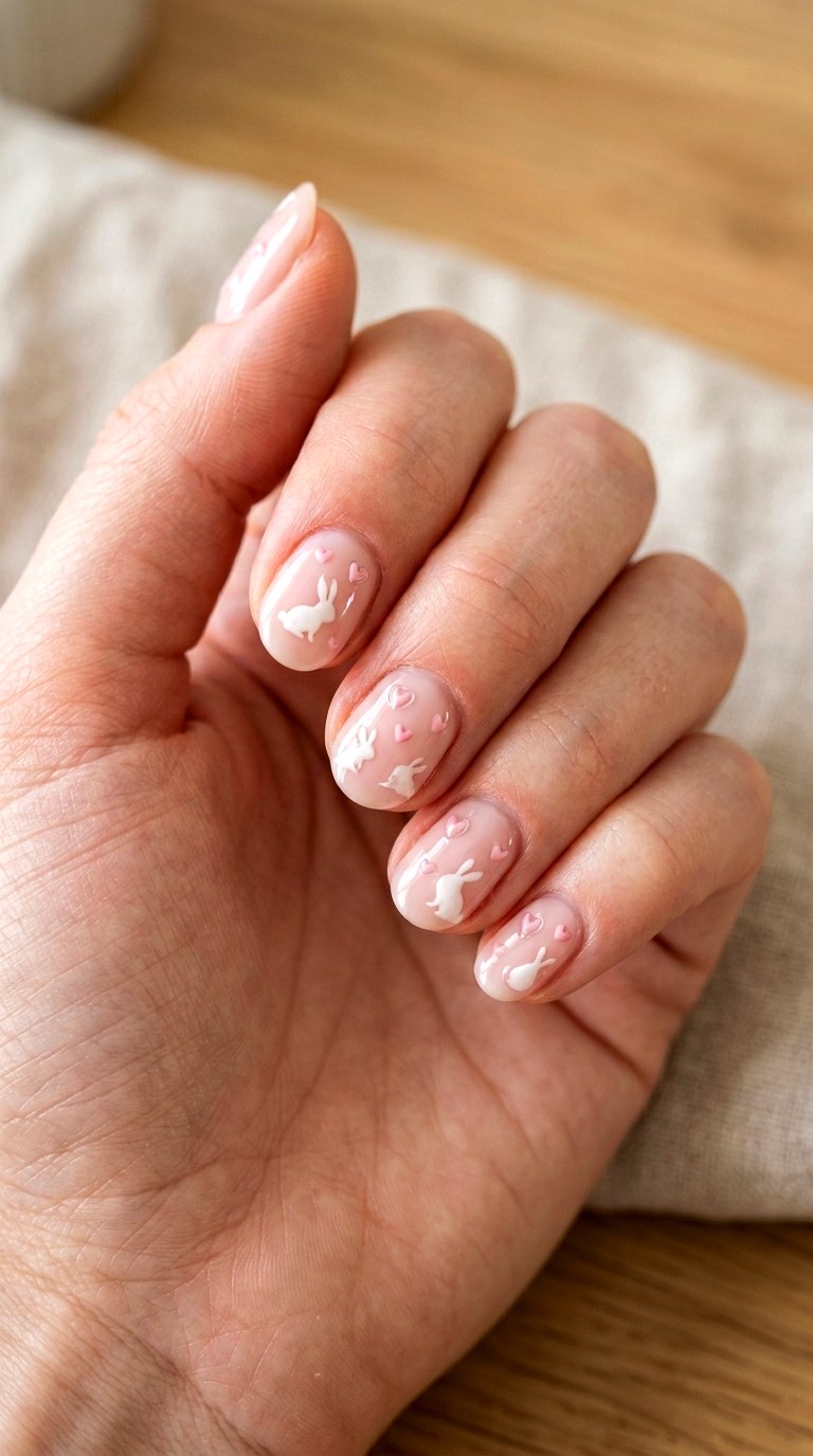 Milky Pink Bunny Heart Nails - 25 sweet heart bunny nails idea