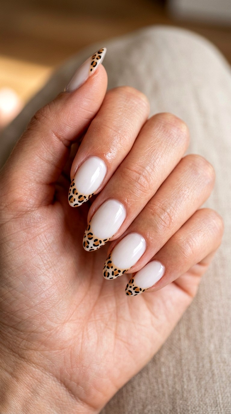 Milky White Cheetah Tips - 20 Modern cheetah print nail design ideas
