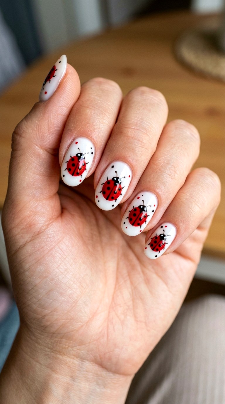 Milky White Ladybug Nails - 22 Trendy ladybug nail ideas