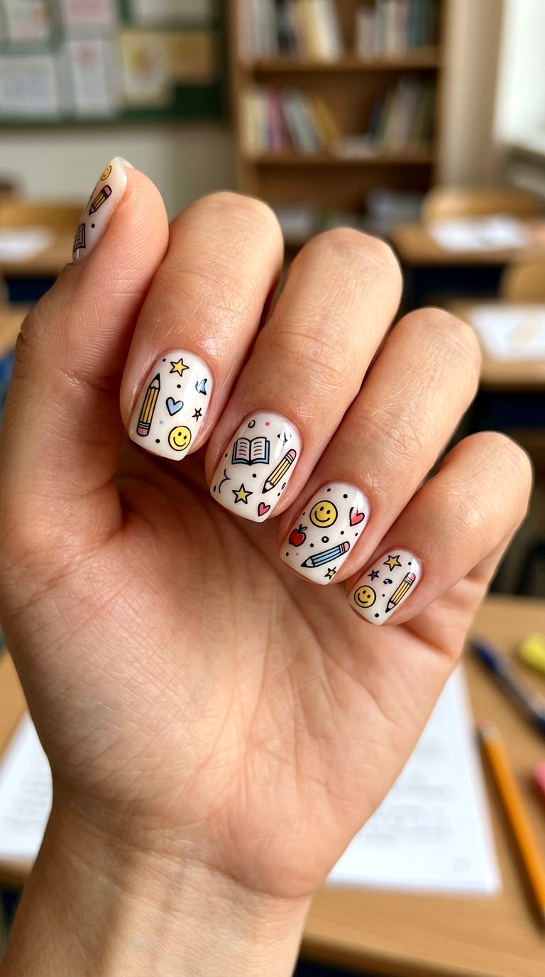Milky White With School Doodles - 23 first day of school nail ideas
