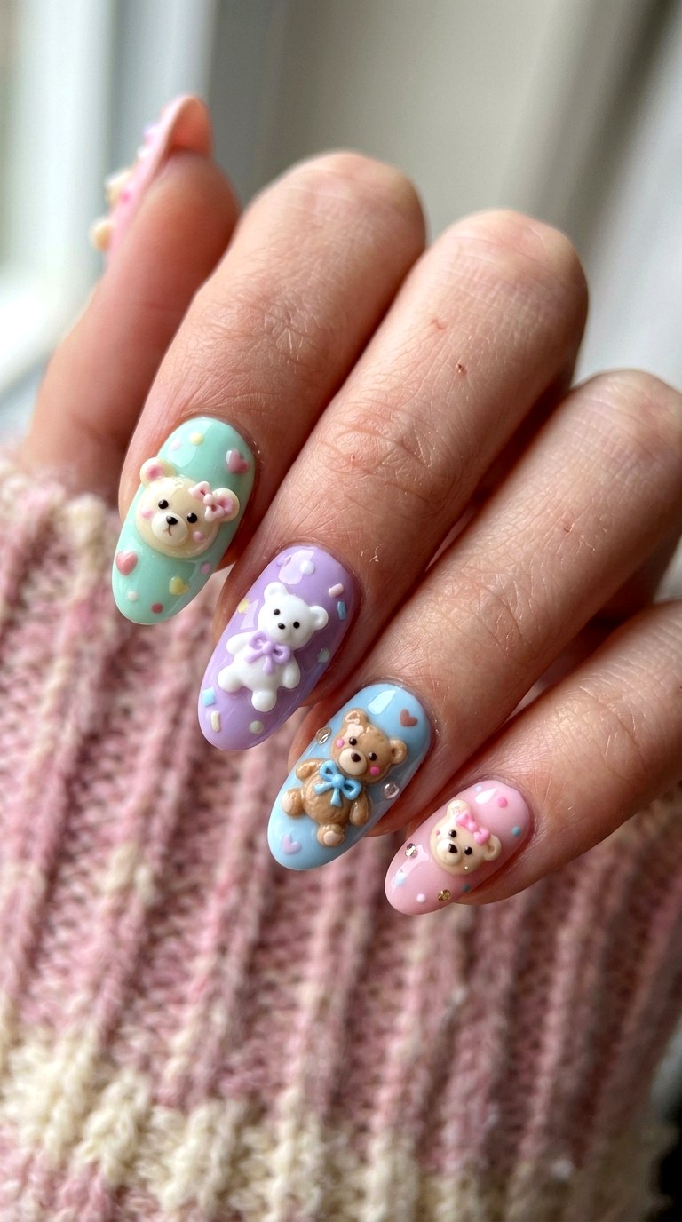 Mini Teddy Bear Pastels - 20 Handmade pastel kawaii nail design ideas