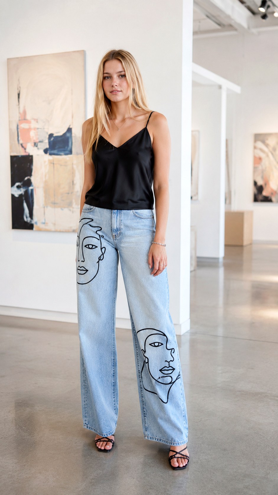 Minimalist Line Art Faces jeans - 24 acrylic painted wide leg jeans ideas