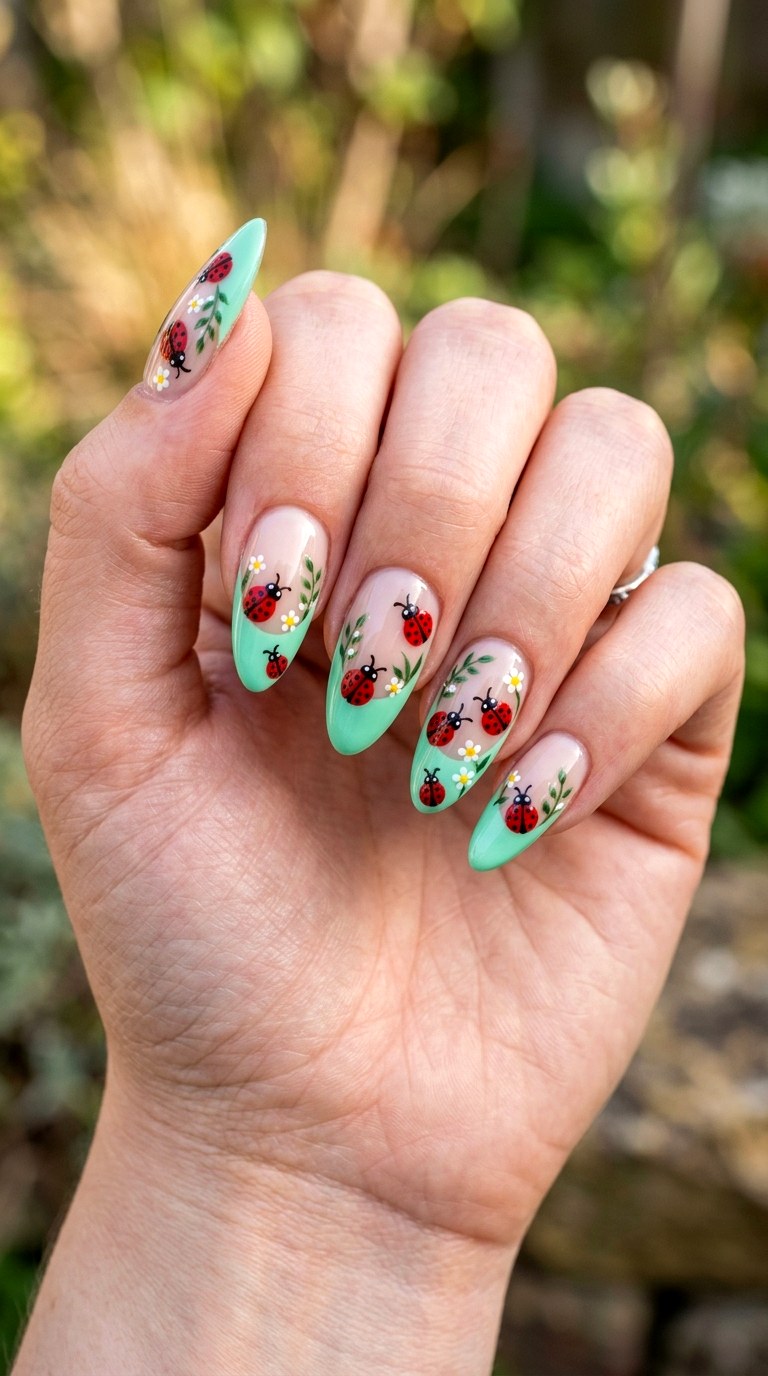 Mint Green Ladybug Tips - 22 Trendy ladybug nail ideas