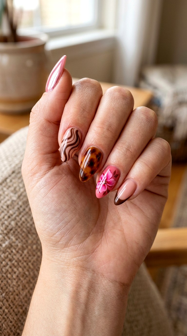 Mixed Pink Brown Statement Set - 22 short stilleto nail with pink and brown nail art inspiration ideas