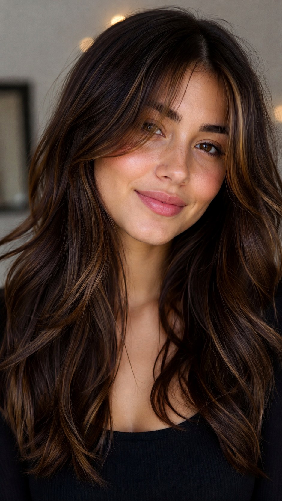 Mocha Balayage Long Layers - 25 Long Layers with Curtain Bangs Ideas