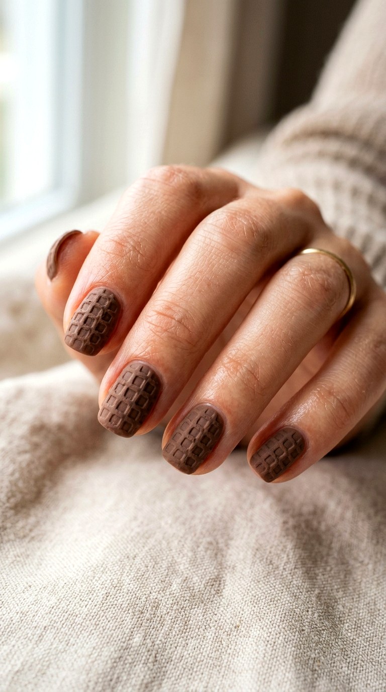 Mocha Brown Waffle Knit Nails - 24 winter sweater nails nail art design ideas