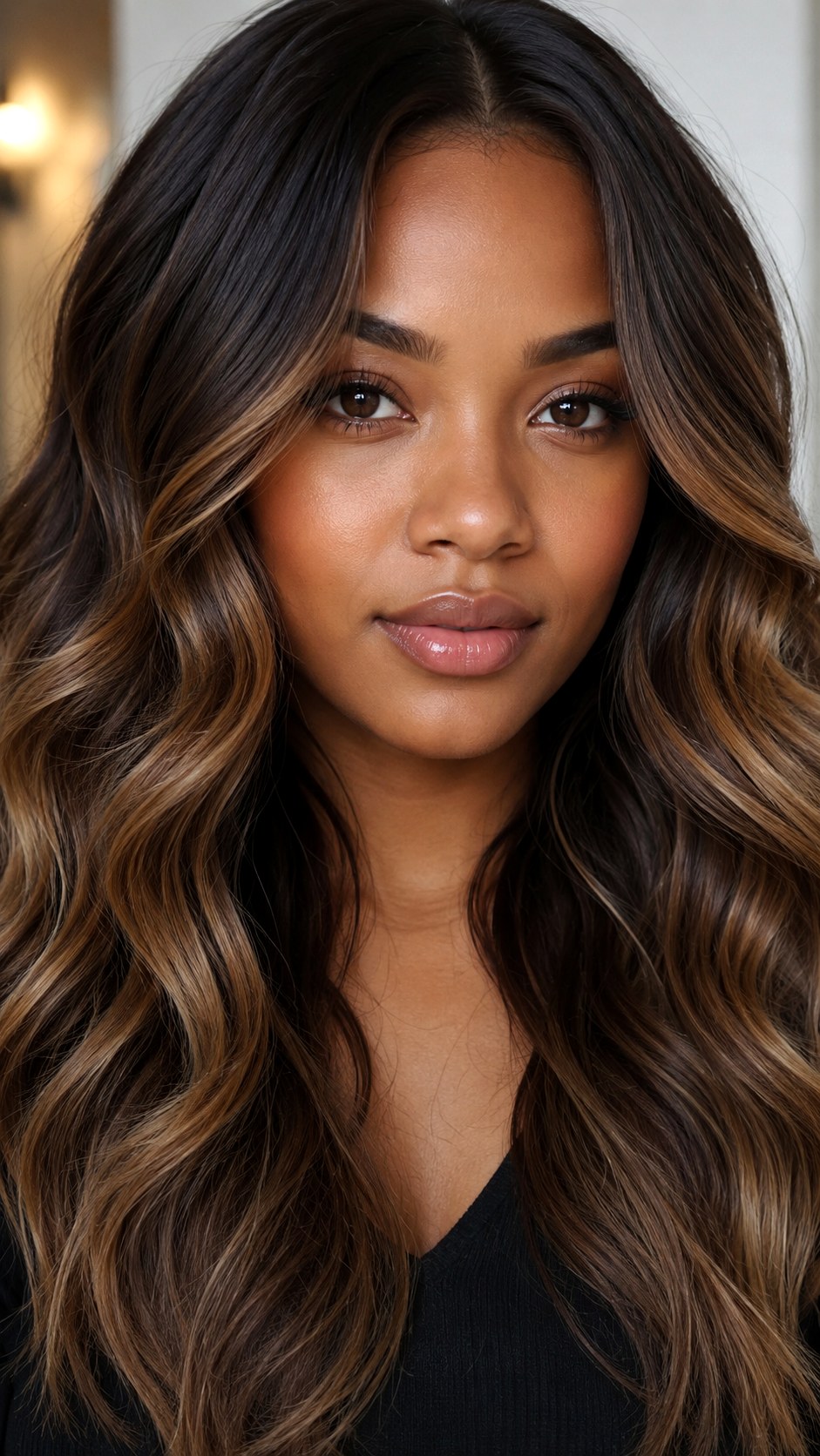 Mocha Melt Balayage on Loose Waves - 23 hair color for brown skin ideas