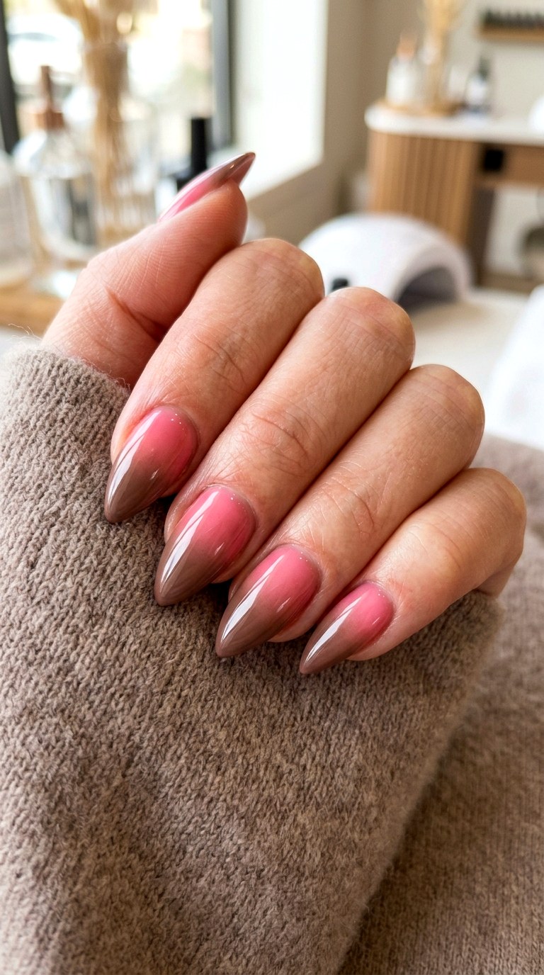 Mocha Pink Ombre Stilettos - 22 short stilleto nail with pink and brown nail art inspiration ideas