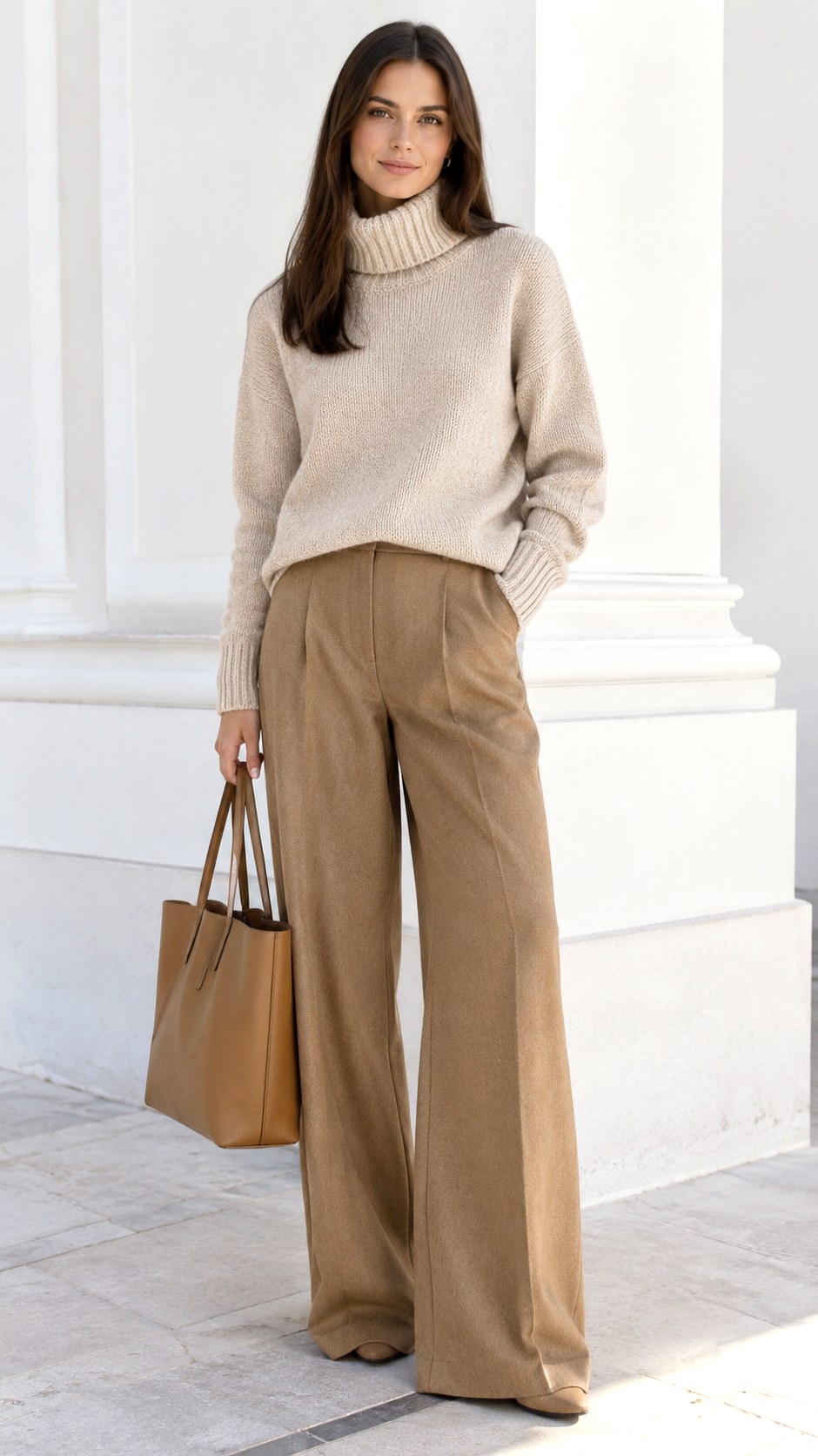 Monochromatic Beige Sweaters And Trousers - 21 warm fall outfit look ideas
