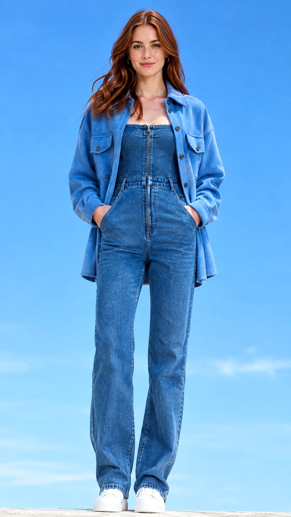 Monochromatic Blue Denim Jumpsuit - 20 blue shacket outfit ideas
