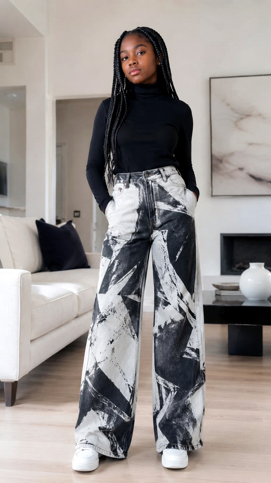 Monochrome Black and White Art Jeans - 24 acrylic painted wide leg jeans ideas