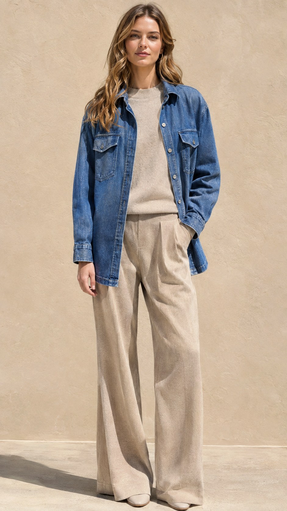 Monochrome Neutrals and Denim Shacket Outfit - 25 denim shacket outfit look ideas
