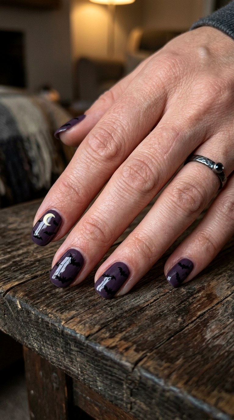 Moody Bat Accent Nails - 25 spooky nail ideas