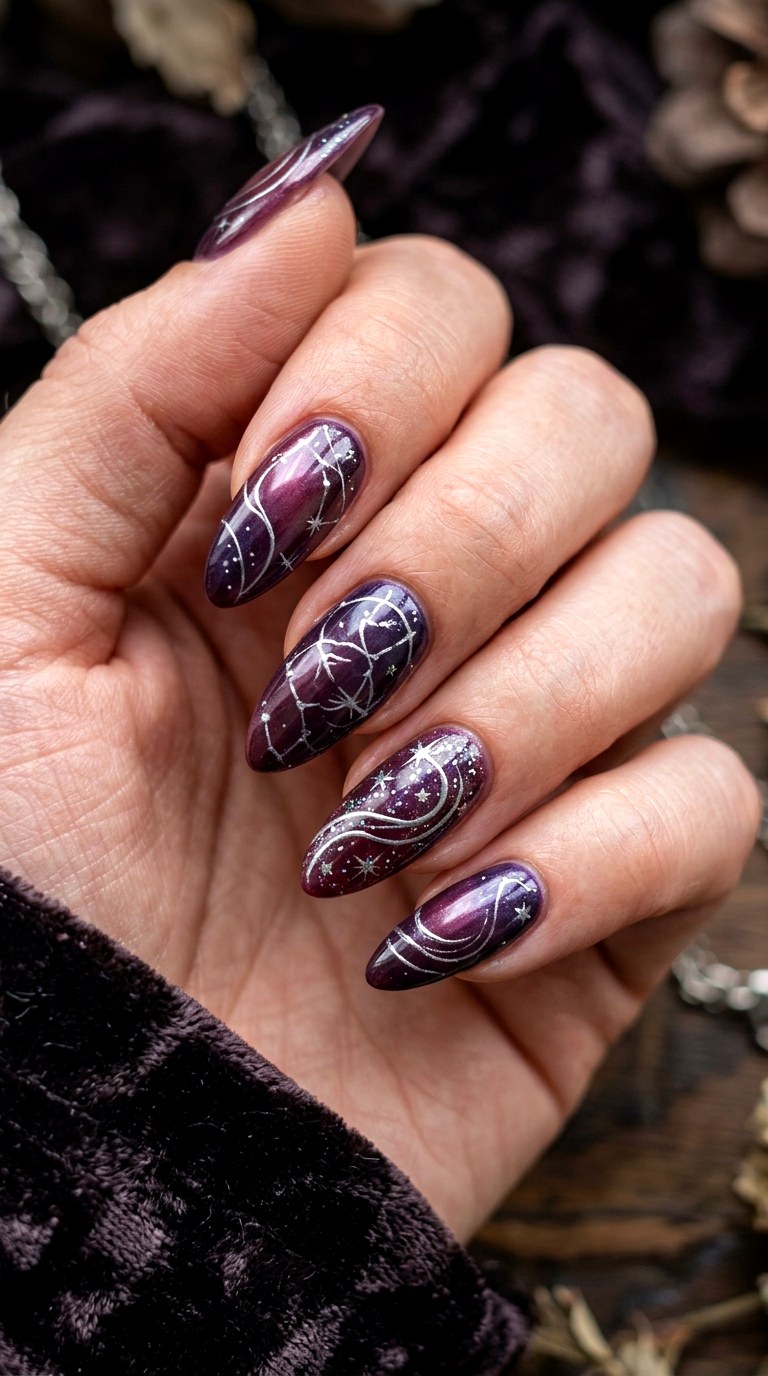 Moody Plum Celestial Swirls - 25 magical starry swirl nail ideas