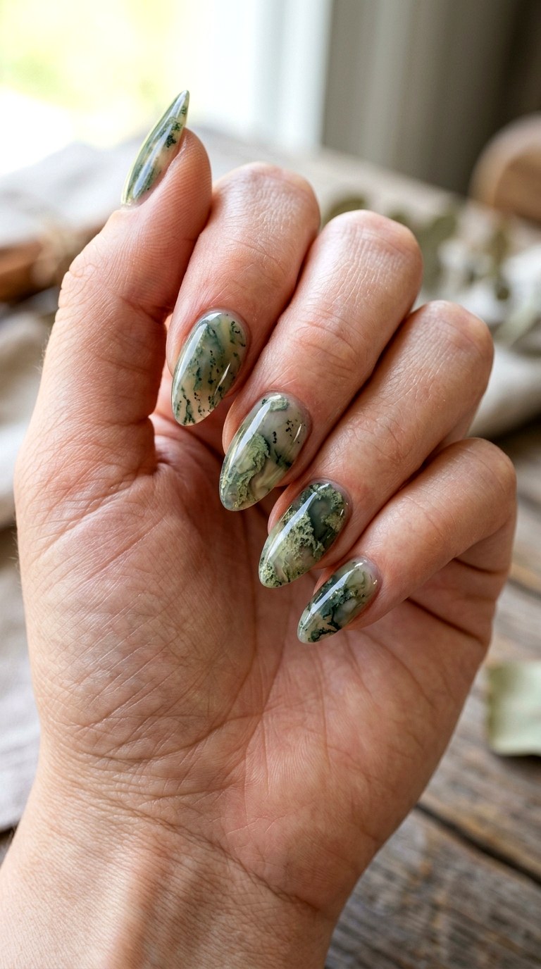 Moss Agate Stone Nails - 23 rendering green stone Nail ideas