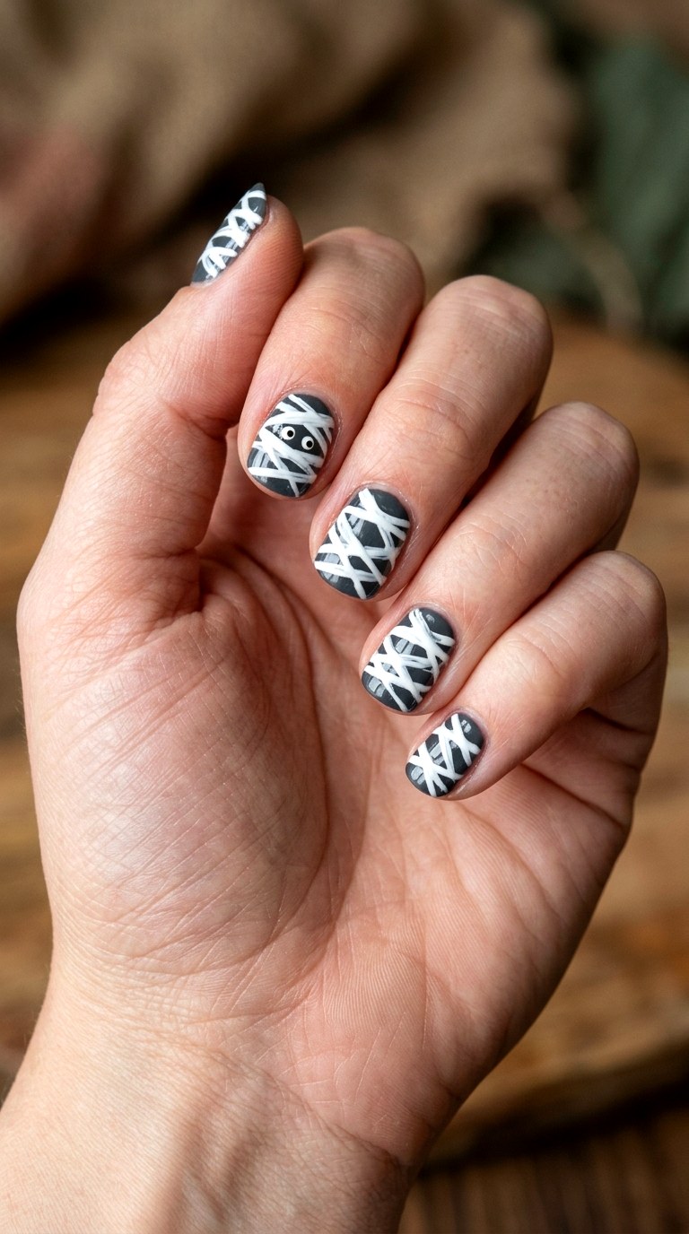 Mummy Wrap Nails - 20 easy halloween nail ideas
