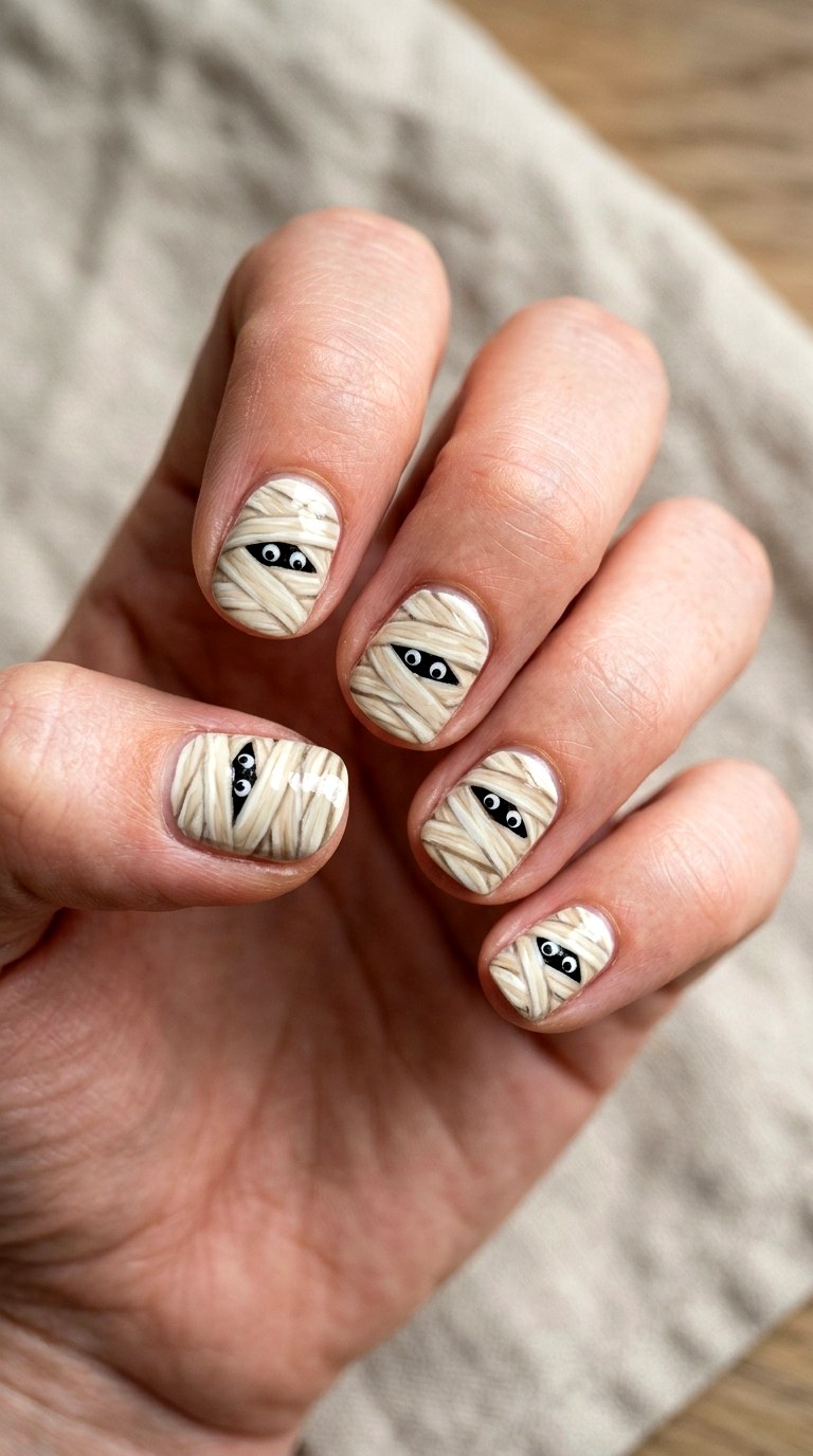 Mummy Wrap Short Nails - 25 short halloween nail ideas