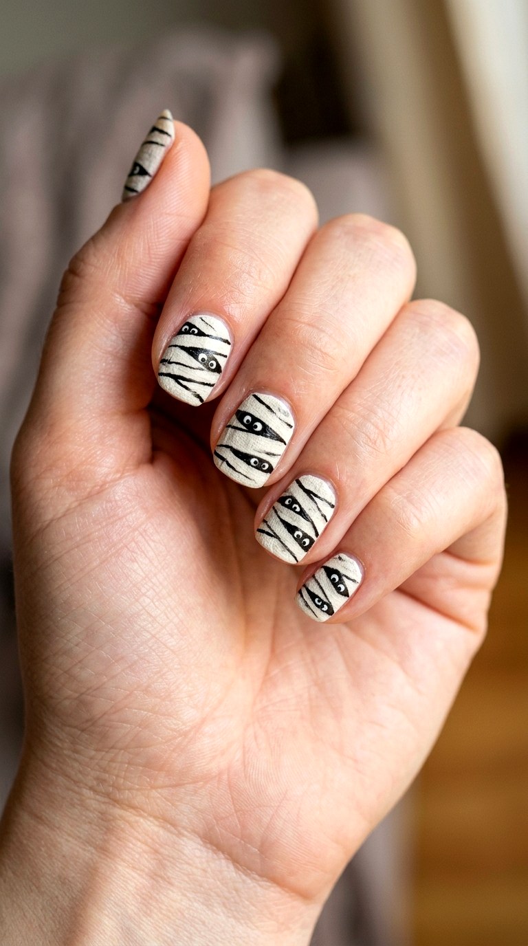 Mummy Wrap White Nails - 23 simple halloween nail design ideas