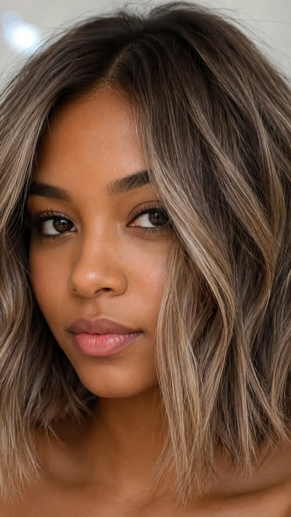 Mushroom Brown on a Textured Lob - 23 hair color for brown skin ideas