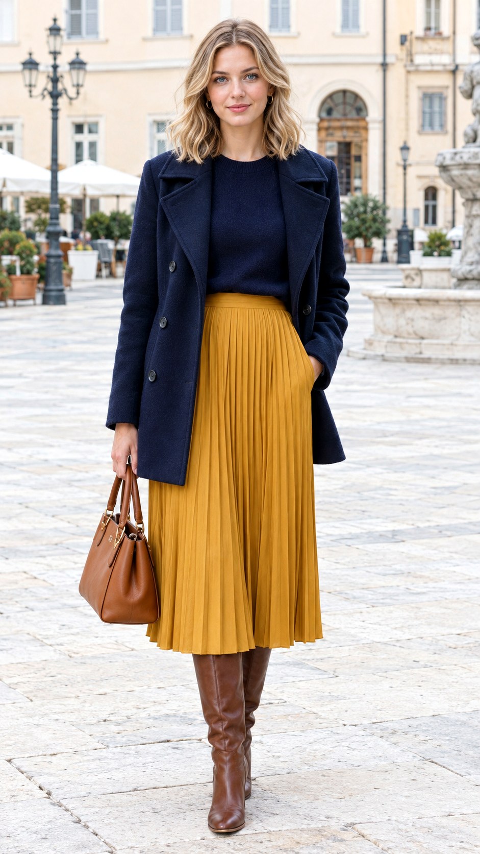 Mustard Midi Skirt With Navy Sweater - 20 fall skirt outfits