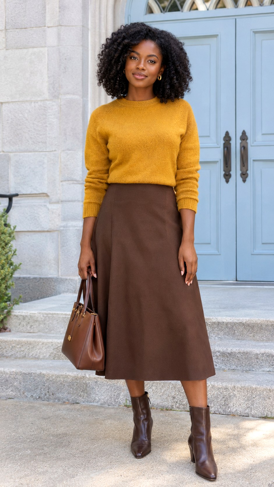 Mustard Sweater With Chocolate Midi Skirt - 20 fall church outfit ideas