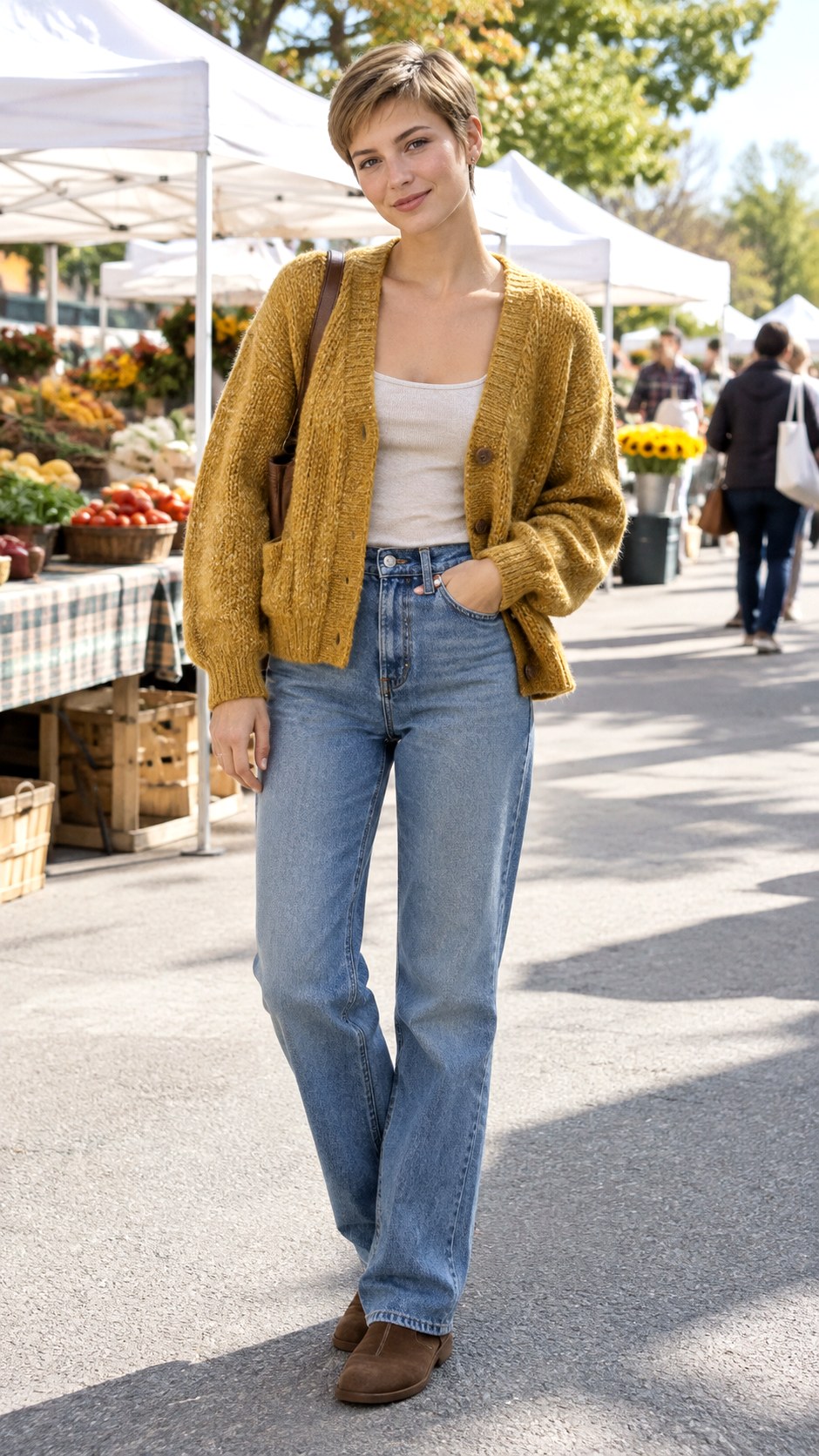 Muted Mustard Cardigan And Denim Outfit - 23 soft autumn outfit ideas