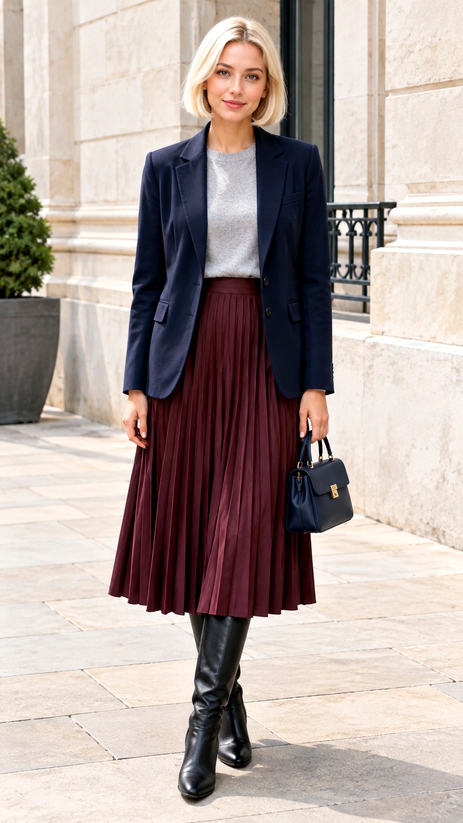 Navy Blazer With Burgundy Pleated Skirt - 20 2026 autumn outfits
