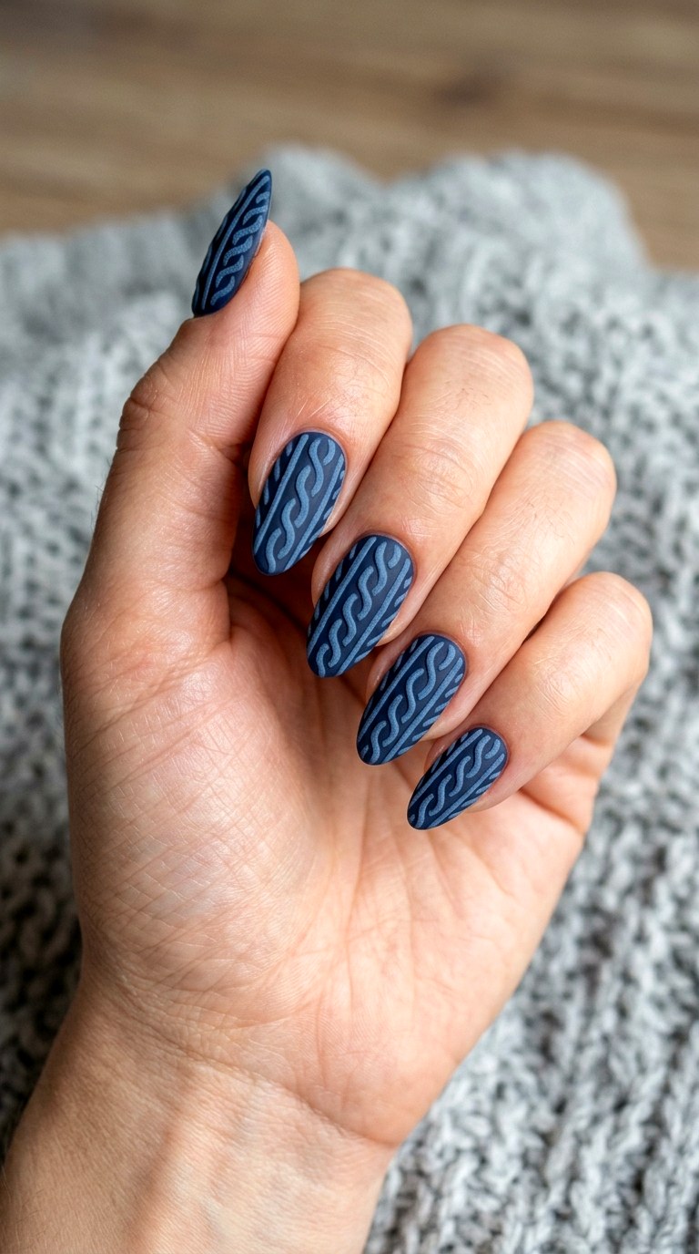 Navy Blue Cable Knit Nails - 24 winter sweater nails nail art design ideas