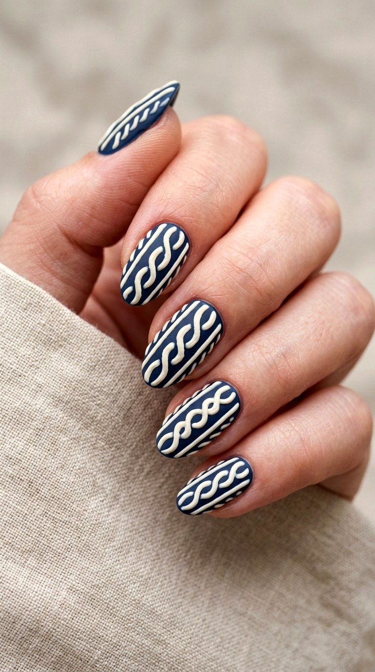 Navy Blue Cable Knit Nails - 23 sweater nails fall nail art design ideas