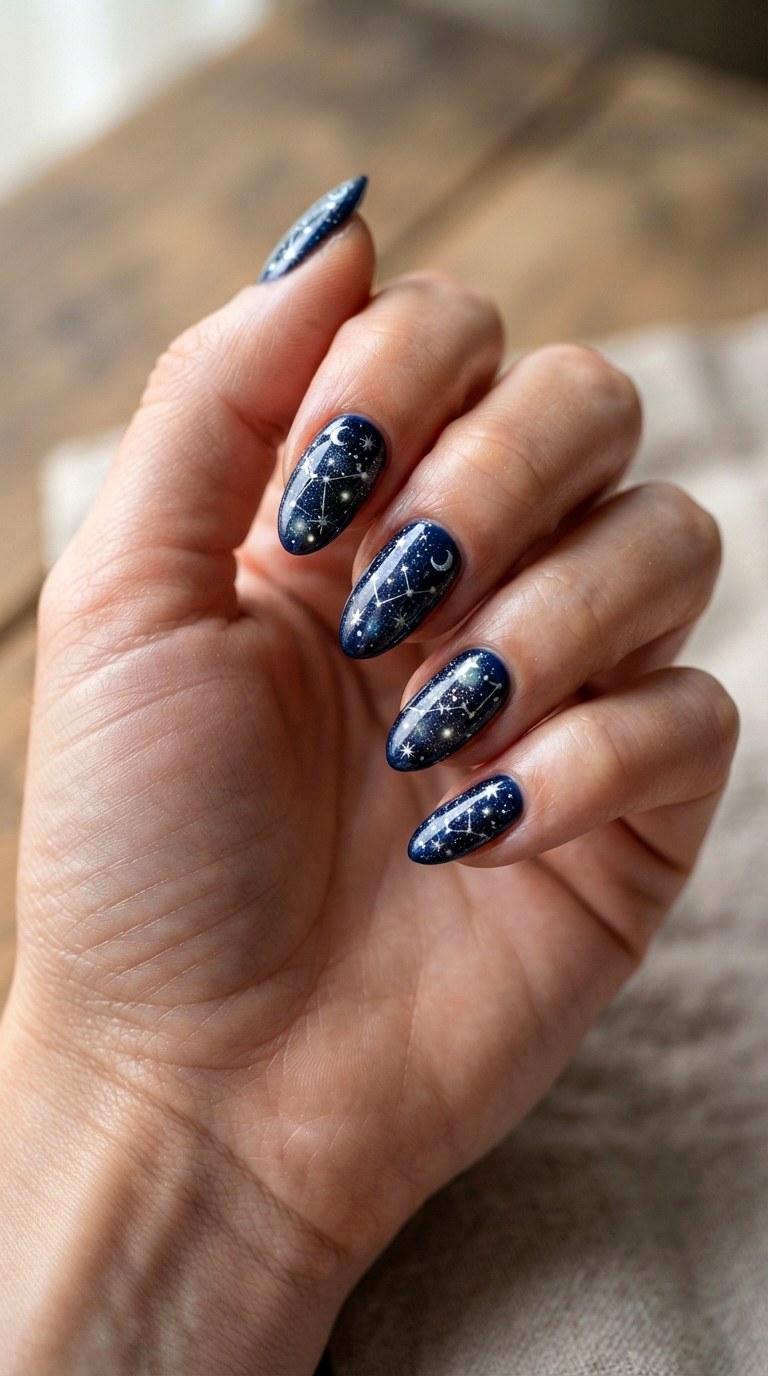 Navy Blue Celestial Stars - 22 dark blue nail design ideas